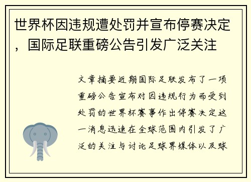 世界杯因违规遭处罚并宣布停赛决定，国际足联重磅公告引发广泛关注