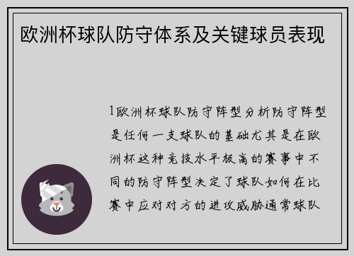 欧洲杯球队防守体系及关键球员表现