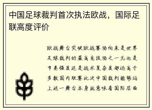 中国足球裁判首次执法欧战，国际足联高度评价